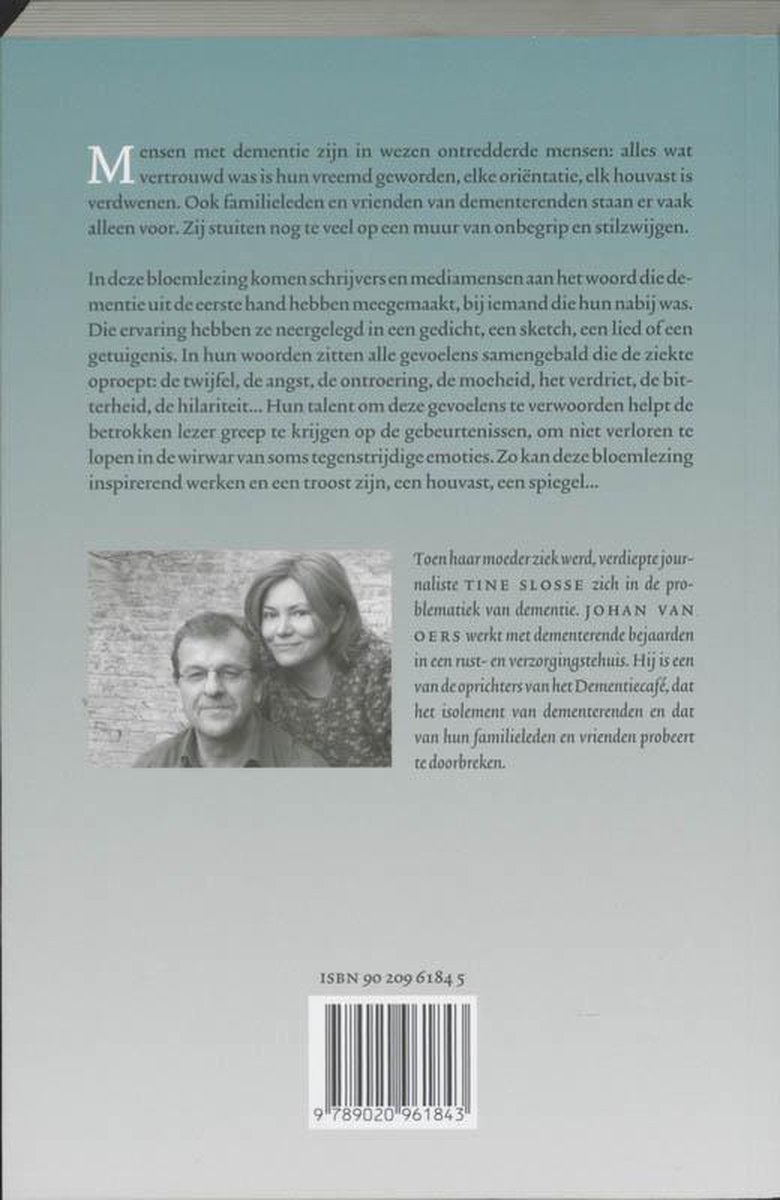 Achterkant boek 'Het sneeuwt in mijn hoofd' met tekst en een foto van een man en een vrouw.