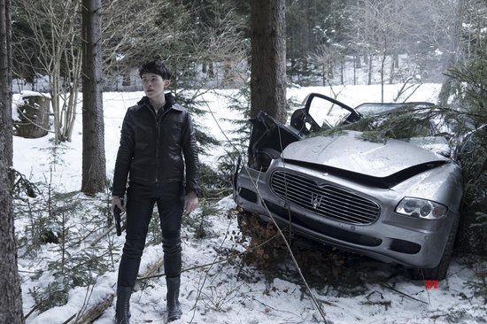 Vrouw met donker haar en leren jack staat naast een gecrashte zilveren auto in het bos.