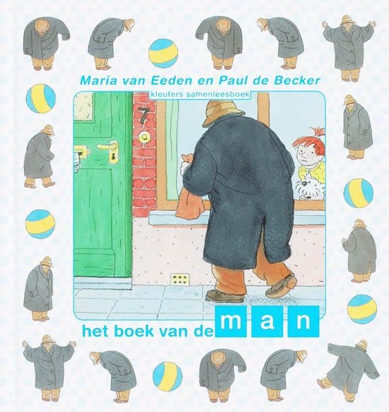Boekomslag met illustratie van een man met tas bij een deur. Omringd door kleinere illustraties van de man en ballen.