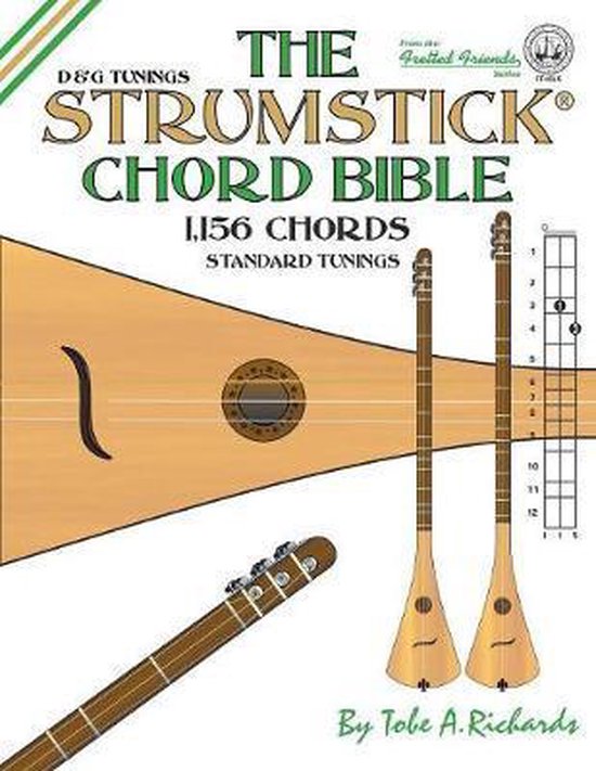 De kaft van 'The Strumstick Chord Bible' met 1.156 akkoorden, toont een houtkleurige gitaar, twee strumsticks, en een akkoordendiagram.