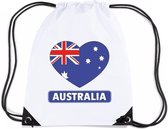Australie nylon rijgkoord rugzak/ sporttas wit met Australische vlag in hart