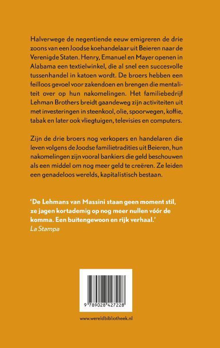Achterkant boek 'Er is iets met de Lehmans' met oranje achtergrond, tekst en ISBN.
