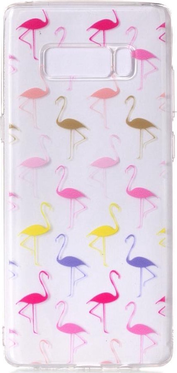 Shop4 - Samsung Galaxy Note 8 Hoesje - Zachte Back Case Gekleurde Flamingo's Transparant