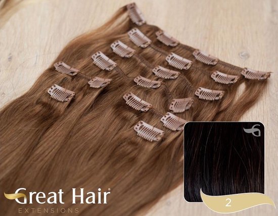Clip In haarextensions set - 50cm - lichte slag - #2 - donkerbruin
