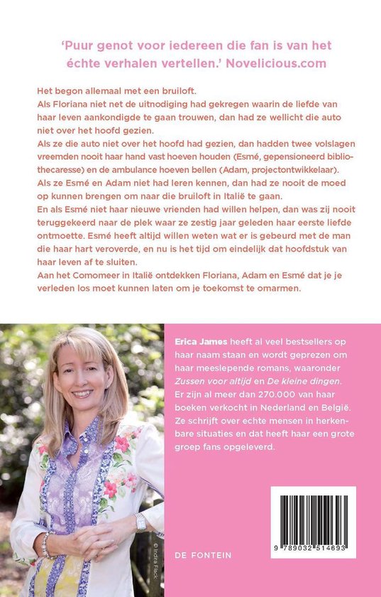 Foto van Erica James lachend, met tekst over haar boeken.