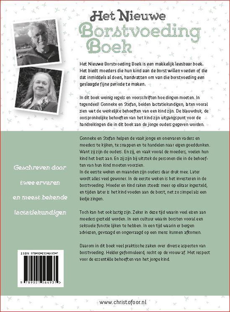 Achterkant boek 'Het Nieuwe Borstvoeding Boek' met beschrijving en foto's van de auteurs, Stefan Kleintjes en Gonneke van Veldhuizen.