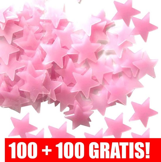 100 + 100 Gratis: Glow in the dark sterren - Roze - Lichtgevende sterren stickers - Sterrenhemel kinderkamer plafond stickers