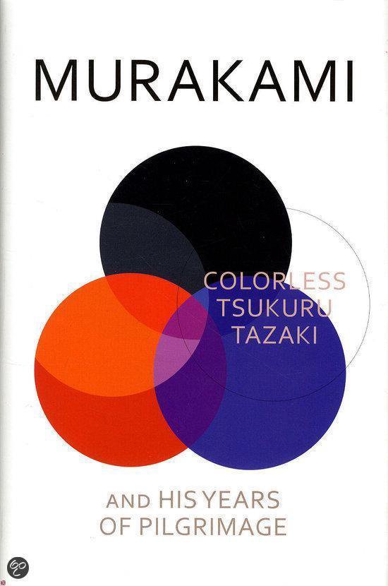 Boekomslag van 'Colorless Tsukuru Tazaki and His Years of Pilgrimage' door Murakami, met overlappende oranje, paarse en zwarte cirkels.