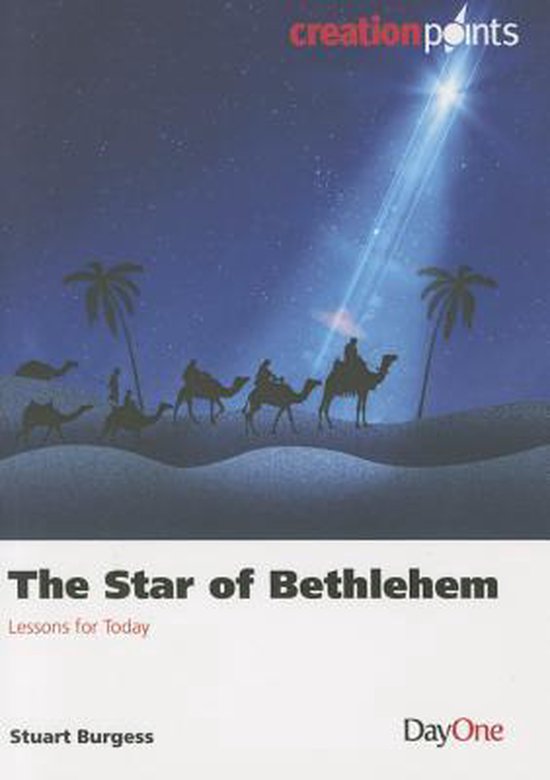 Boekomslag van 'The Star of Bethlehem'. Drie koningen op kamelen onder de ster van Bethlehem. Palmbomen en zandduinen op de achtergrond.