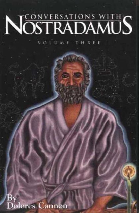 Couverture de livre avec une illustration de Nostradamus dans une robe violette, portant le titre 'Conversations With Nostradamus Volume Three' par Dolores Cannon.