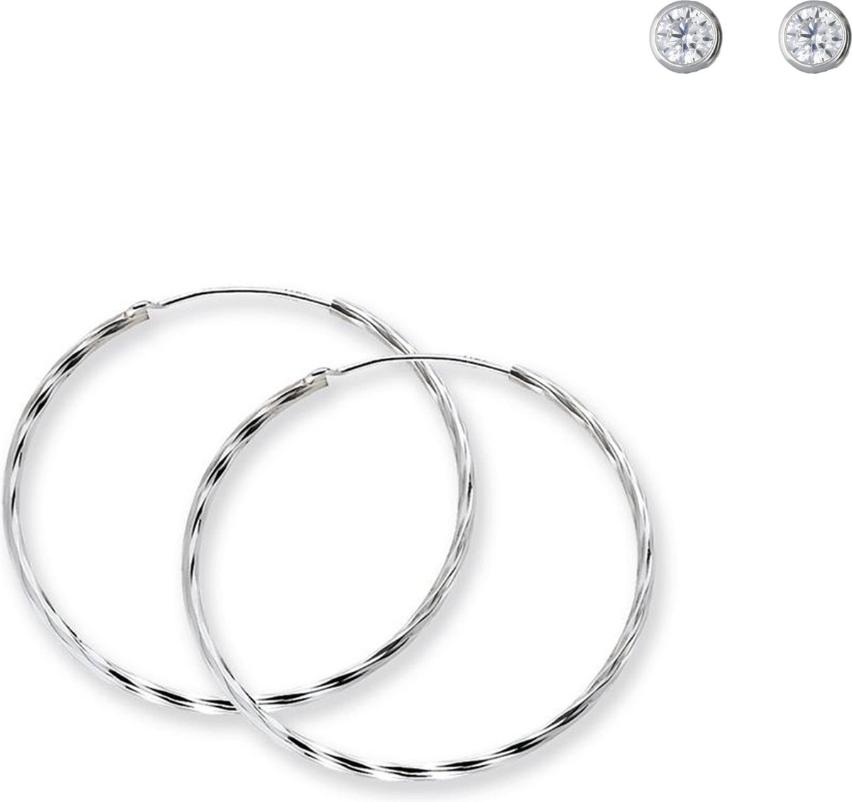 Classics&More oorringen en solitair oorknoppen - zilver - zirkonia - ronde buis 2 mm - 51 mm