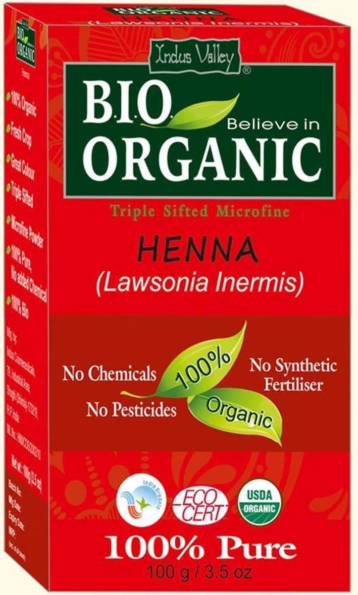 Indus Valley ORGANIC HENNA PURE 100% Natuurlijke BIO Organic Haarverf Zonder PPD, PTD, Ammonia, Ammoniak, Peroxide, Waterstofperoxide etc. 100g