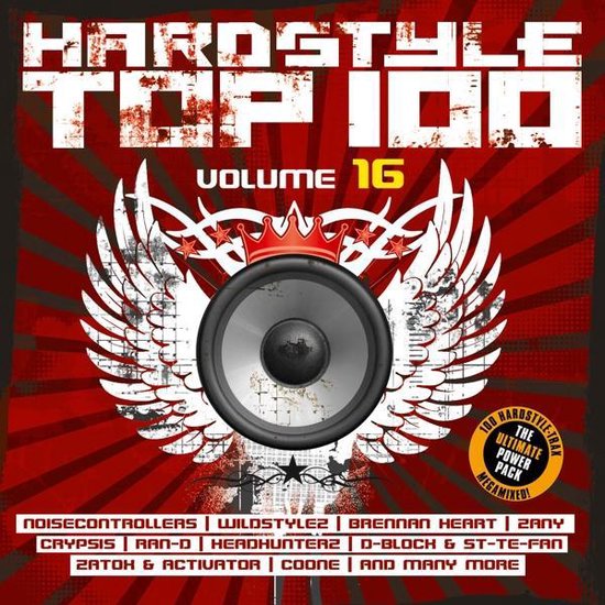 Hardstyle Top 100 Volume 16 albumhoes met een luidspreker, vleugels en een kroon.
