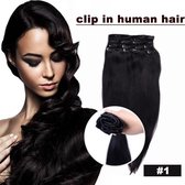 Clip in human hairextensions 55cm silky straight kleur 1 zwart 200 Gram