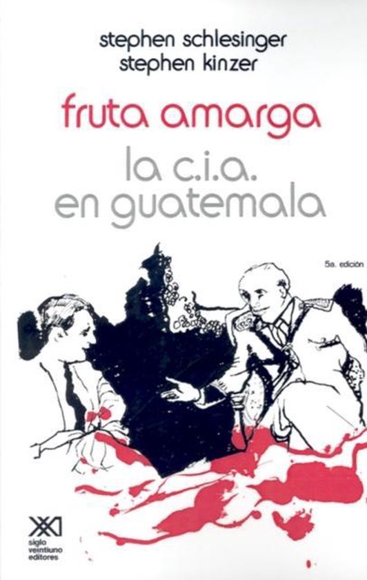 Boek 'Fruta Amarga' met tekst en illustratie van twee mannen, met rode verfspatten.