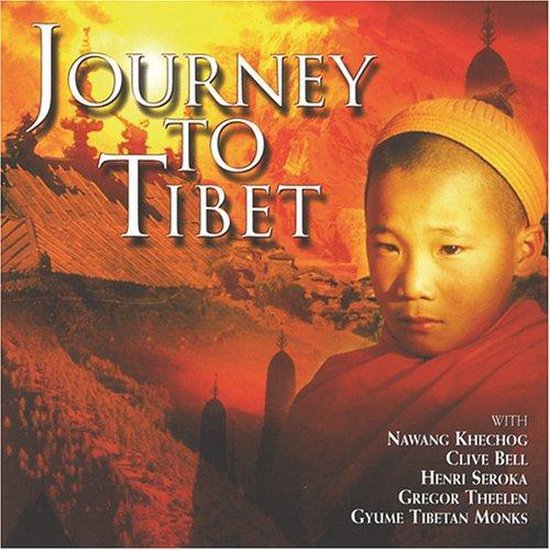 Cd-hoes 'Journey to Tibet' met een Tibetaanse jongen in rode gewaden, berglandschap en titel.