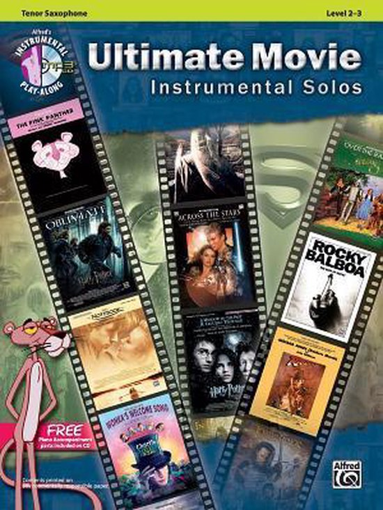 Page de titre de 'Ultimate Movie Instrumental Solos' pour saxophone ténor, avec des bandes de film et le Pink Panther.