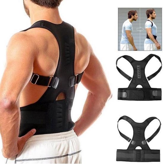 Man met zwarte rugbrace, toont verbeterde houding. Afbeeldingen van de brace.