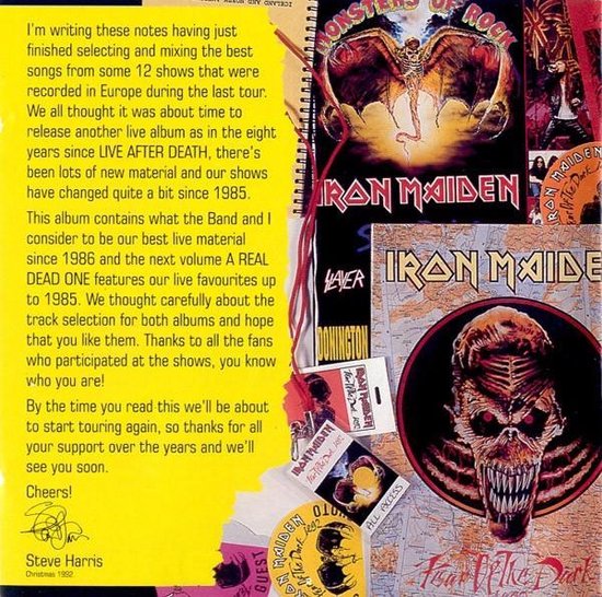 Collage van albumhoezen, stickers en handgeschreven tekst van Iron Maiden en hun 'A Real Live One' album.