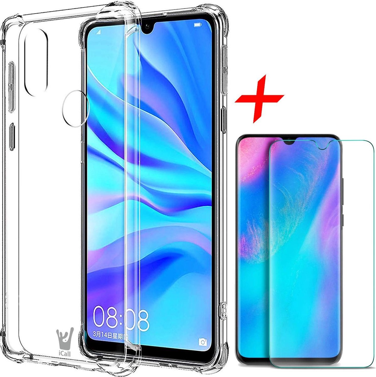 Hoesje geschikt voor Huawei P30 Lite - Anti Shock Proof Siliconen Back Cover Case Hoes Transparant - Tempered Glass Screenprotector