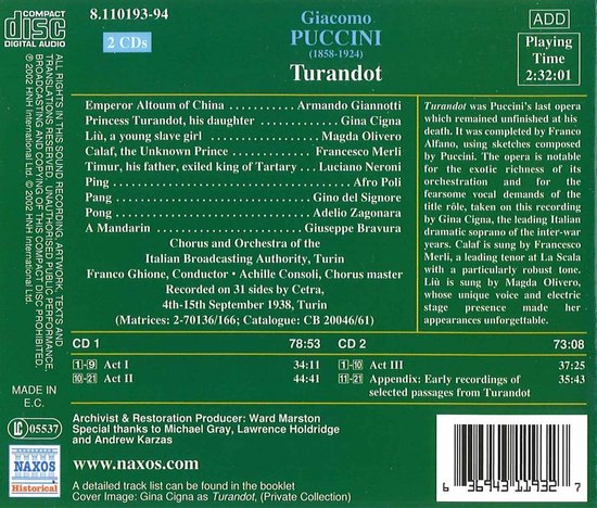 Gina Cigna, Francesco Merli, Luciano Neroni - Puccini: Turandot (2 CD)