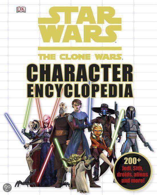Star Wars The Clone Wars Character Encyclopedia met zeven personages en lichtzwaarden.