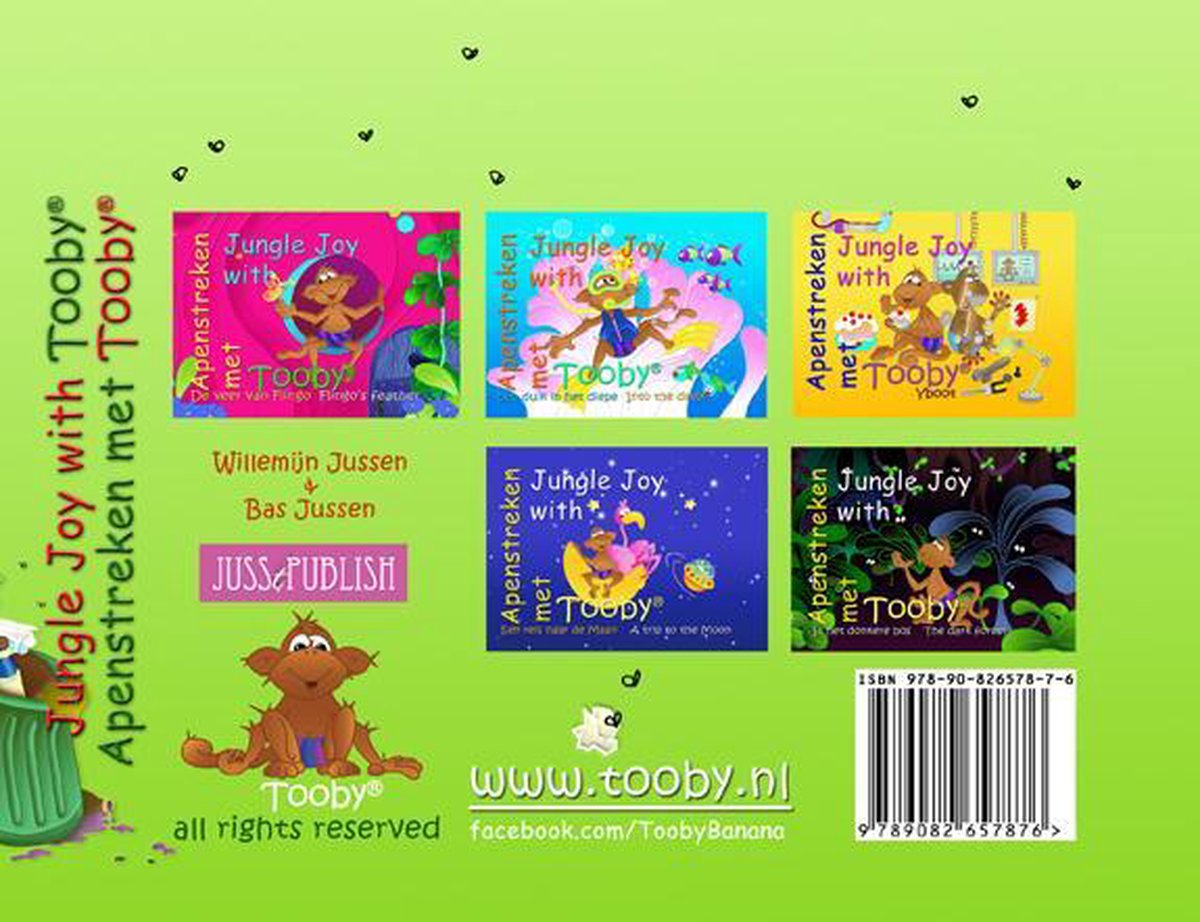 De achterkant van het kinderboek 'Apenstreken met Tooby', met afbeeldingen van eerdere delen, auteursinformatie en de ISBN-barcode.