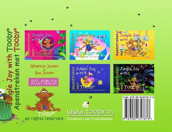 De achterkant van het kinderboek 'Apenstreken met Tooby', met afbeeldingen van eerdere delen, auteursinformatie en de ISBN-barcode.