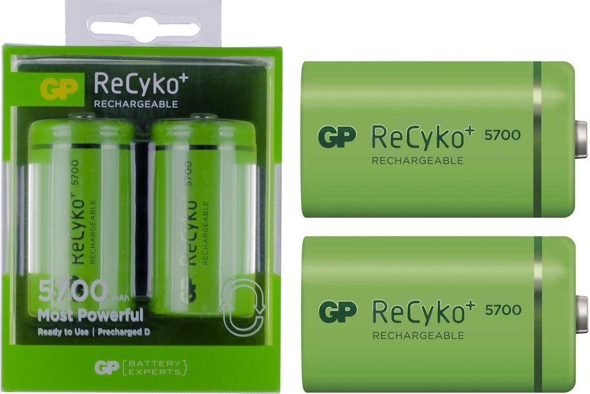 4 Stuks (2 Blisters a 2st) - GP Recyko+ 1.2V D / HR20 5700mAh NiMh oplaadbare batterij