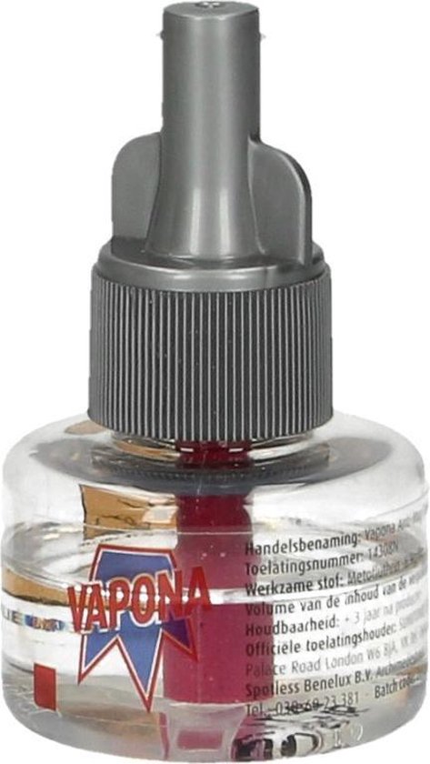 Plastic navulflacon met Vapona logo, voor een muggenstekker.