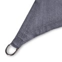 Donkergrijs driehoekig schaduwdoek met versterkte rand en roestvrije hoekring.