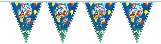 Vlaggenlijn met Dolfje en Weerwolfje, met rode en gele ballonnen.