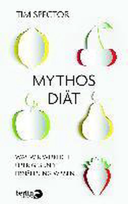 Livre "Mythos Diät" avec des illustrations en papier de fruits : citron, cerise, pomme, poire, fraise.