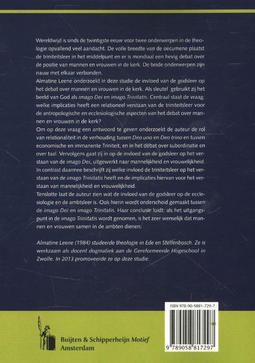 Achterkant van het boek "Triniteit, antropologie en ecclesiologie" met tekst en ISBN.