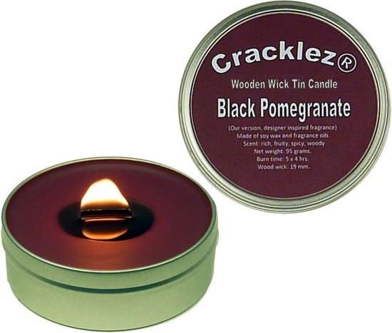 Cracklez® Knetterende Houten Lont Geur Kaars in blik Black Pomegranate. Designer Parfum Geinspireerd. Donker-rood.