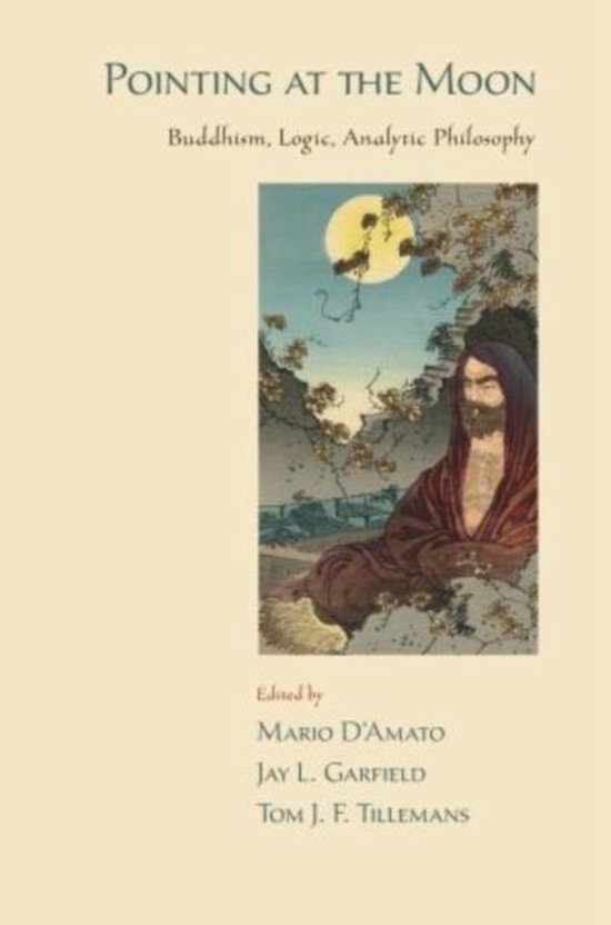 Boek kaft met de titel 'Pointing at the Moon', met een illustratie van een man die naar een maan wijst.