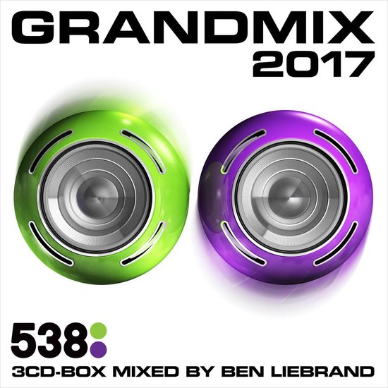 Grandmix 2017 3cd-box met 538 logo, gemixt door Ben Liebrand. Twee speakers, groen en paars.