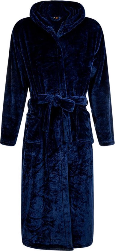 Badjas fleece - donker blauwe badjas met capuchon - flanel fleece badjas unisex - maat L/XL