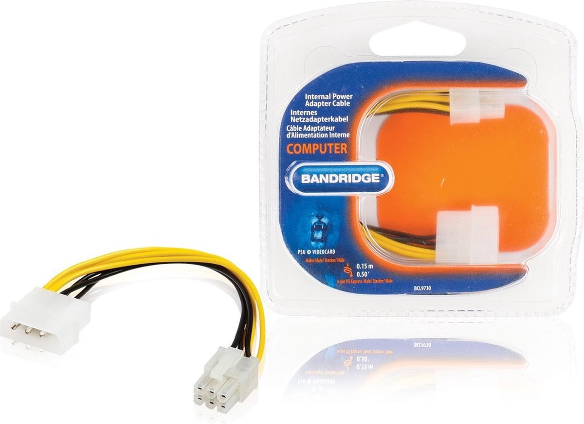 Bandridge PCIe 6-pins (m) - Molex 4-pins (m) voedingsadapter - 0,15 meter