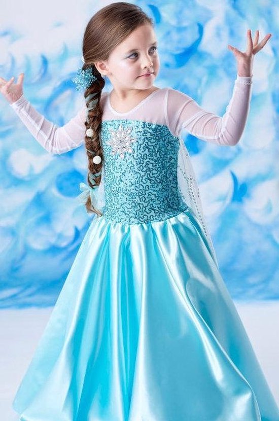 Elsa jurk Ster 110 met sleep + ketting maat 104-110 Prinsessenjurk meisje blauw verkleedkleren jurk meisje