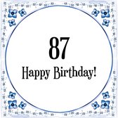 Verjaardag Tegeltje met Spreuk (87 jaar: Happy birthday! 87! + cadeau verpakking & plakhanger