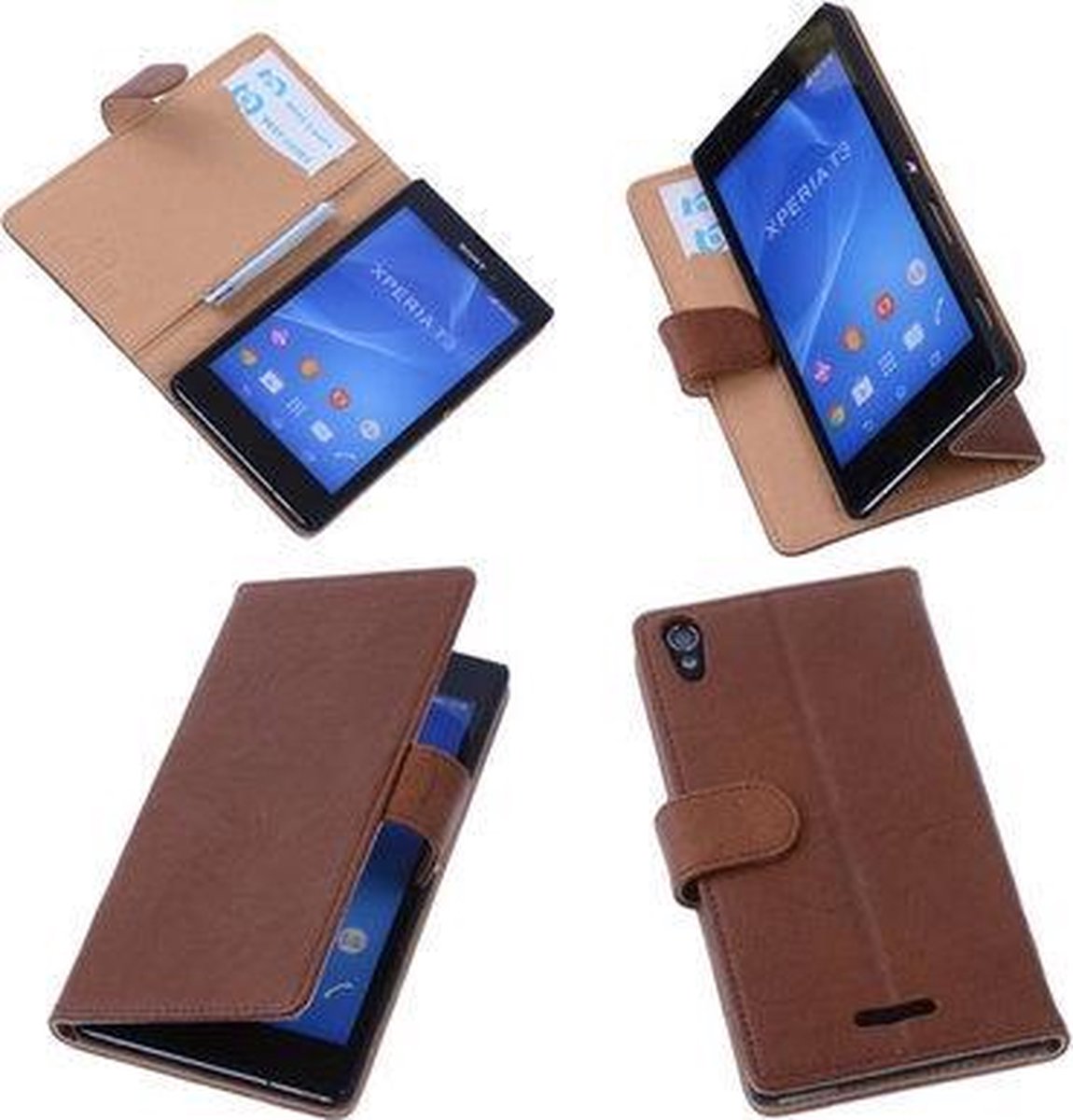 BestCases Bruin Sony Xperia T3 Stand Echt Lederen Booktype Hoesje
