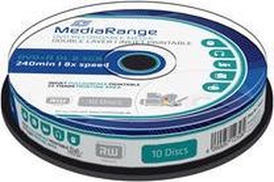 Pak van 10 bedrukbare DVD+R DL 8.5GB MediaRange discs met 240 minuten brandtijd en 8x snelheid.