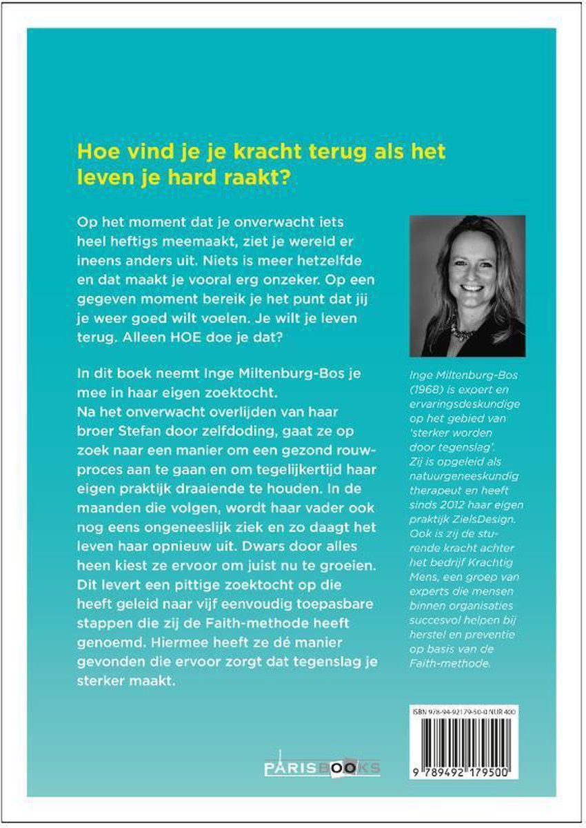 Vrouw lacht naar camera, met tekst 'Hoe vind je je kracht terug als het leven je hard raakt?' en boekgegevens.