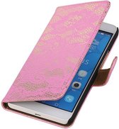 Huawei Honor 6 Plus Lace Kant Booktype Wallet Hoesje Roze - Cover Case Hoes