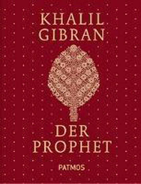 Boekomslag van 'Der Prophet' van Khalil Gibran, met een rode achtergrond met stippen en een gouden boomafbeelding in het midden.