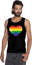 Gay pride singlet shirt/ tanktop met Regenboog vlag in hart zwart heren M
