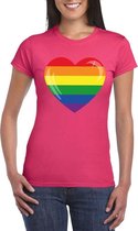 T-shirt met Regenboog vlag in hart roze dames XS