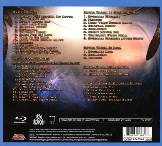 Achterkant van de Blu-ray hoes met titels van audio-cd, dvd-content en extra nummers.