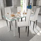 Eetkamerset 4 witte slim line stoelen en 1 glazen tafel